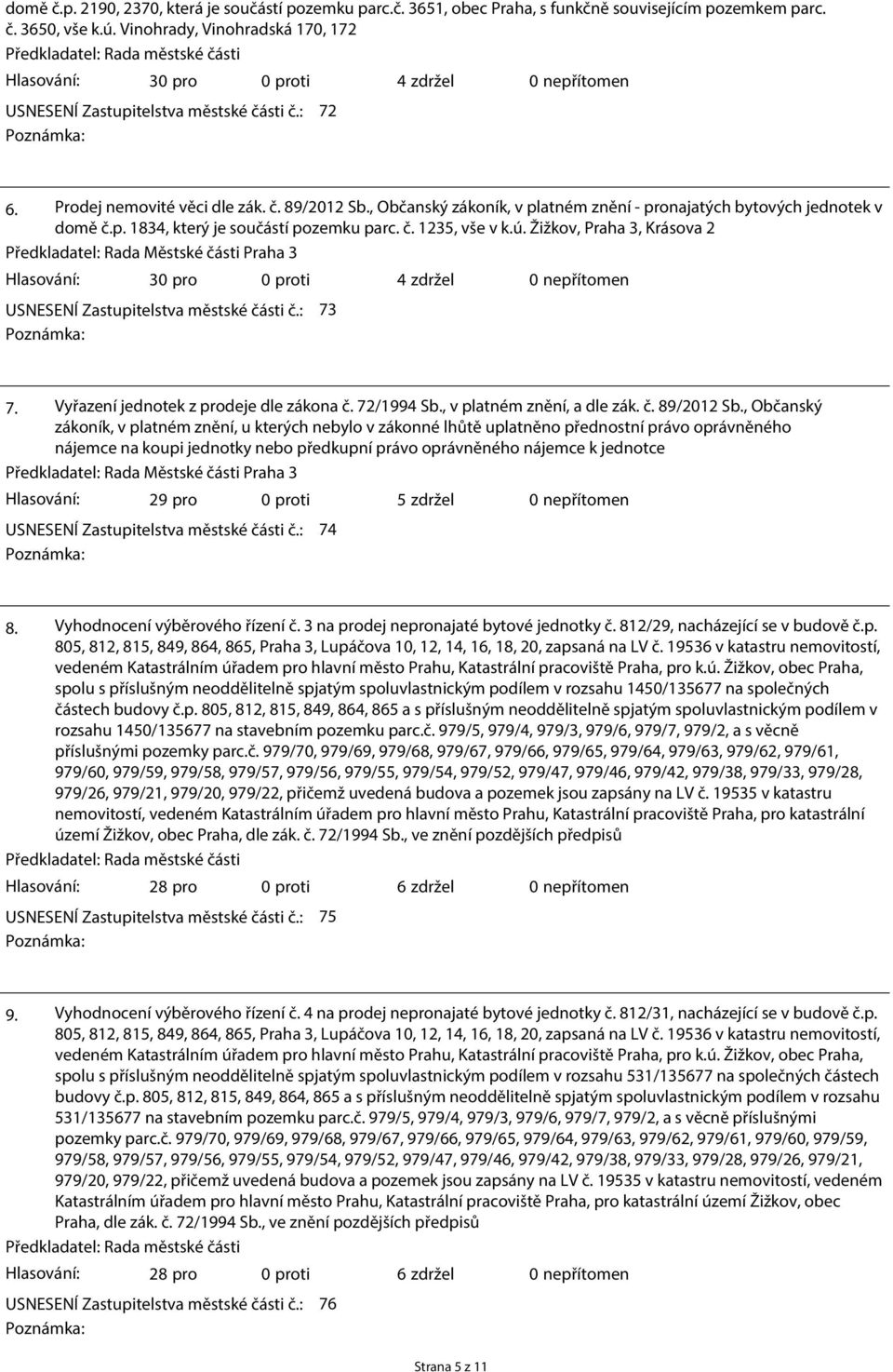 č. 89/2012 Sb., Občanský zákoník, v platném znění - pronajatých bytových jednotek v domě č.p. 1834, který je součástí pozemku parc. č. 1235, vše v k.ú.