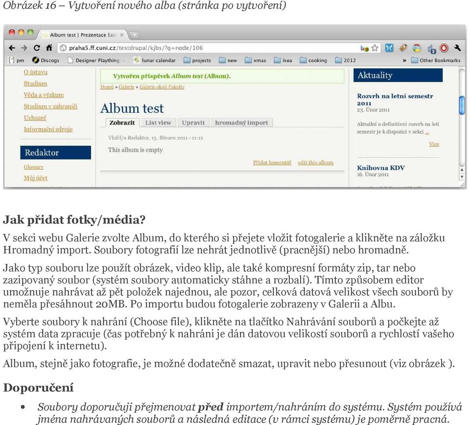 Jako typ souboru lze použít obrázek, video klip, ale také kompresní formáty zip, tar nebo zazipovaný soubor (systém soubory automaticky stáhne a rozbalí).