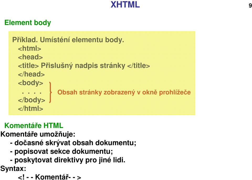... </body> </html> Obsah stránky zobrazený v okně prohlížeče Komentáře HTML Komentáře