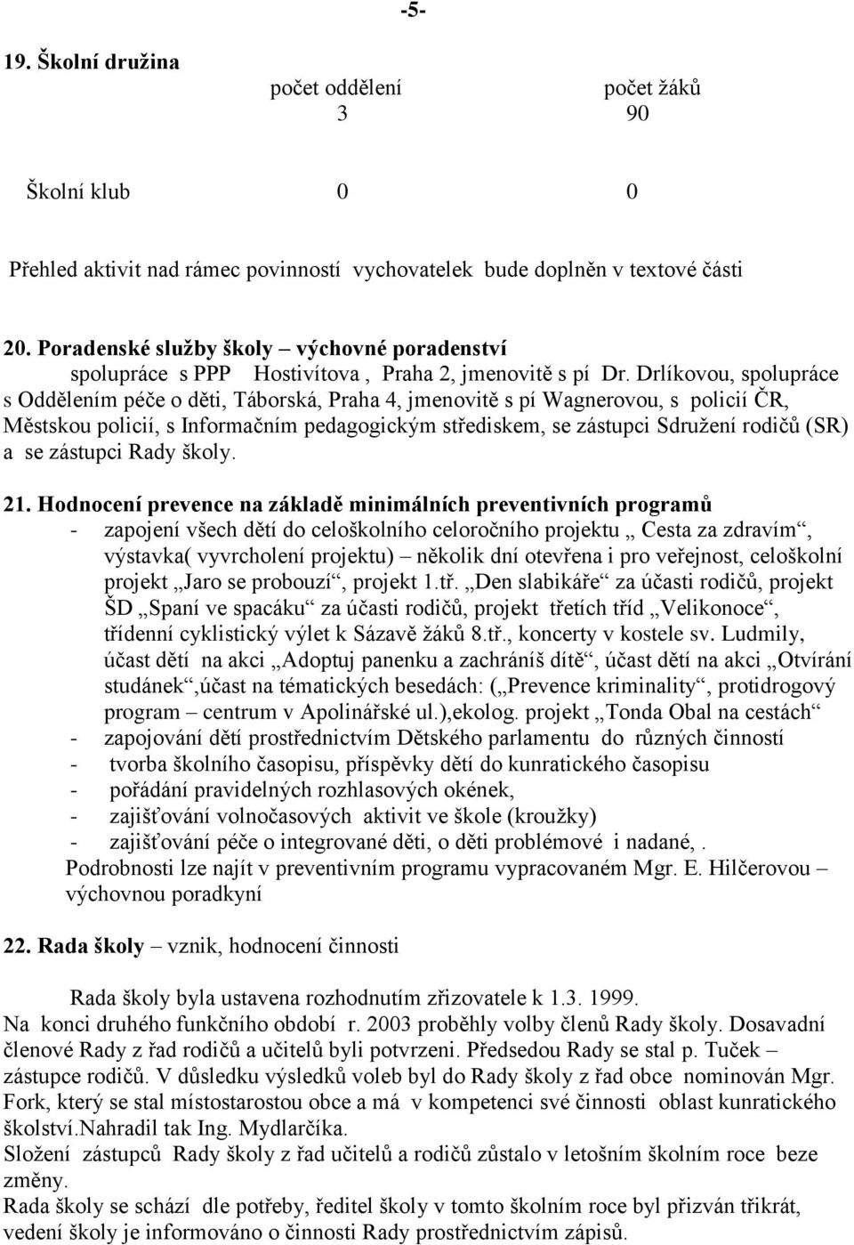 Drlíkovou, spolupráce s Oddělením péče o děti, Táborská, Praha 4, jmenovitě s pí Wagnerovou, s policií ČR, Městskou policií, s Informačním pedagogickým střediskem, se zástupci Sdružení rodičů (SR) a