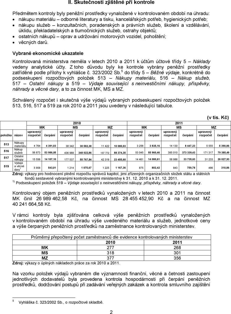 udržování motorových vozidel, pohoštění; věcných darů. Vybrané ekonomické ukazatele Kontrolovaná ministerstva neměla v letech 2010 a 2011 k účtům účtové třídy 5 Náklady vedeny analytické účty.