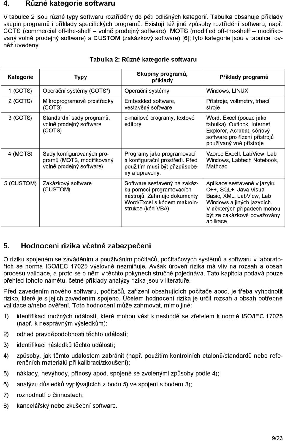COTS (commercial off-the-shelf volně prodejný software), MOTS (modified off-the-shelf modifikovaný volně prodejný software) a CUSTOM (zakázkový software) [6]; tyto kategorie jsou v tabulce rovněž