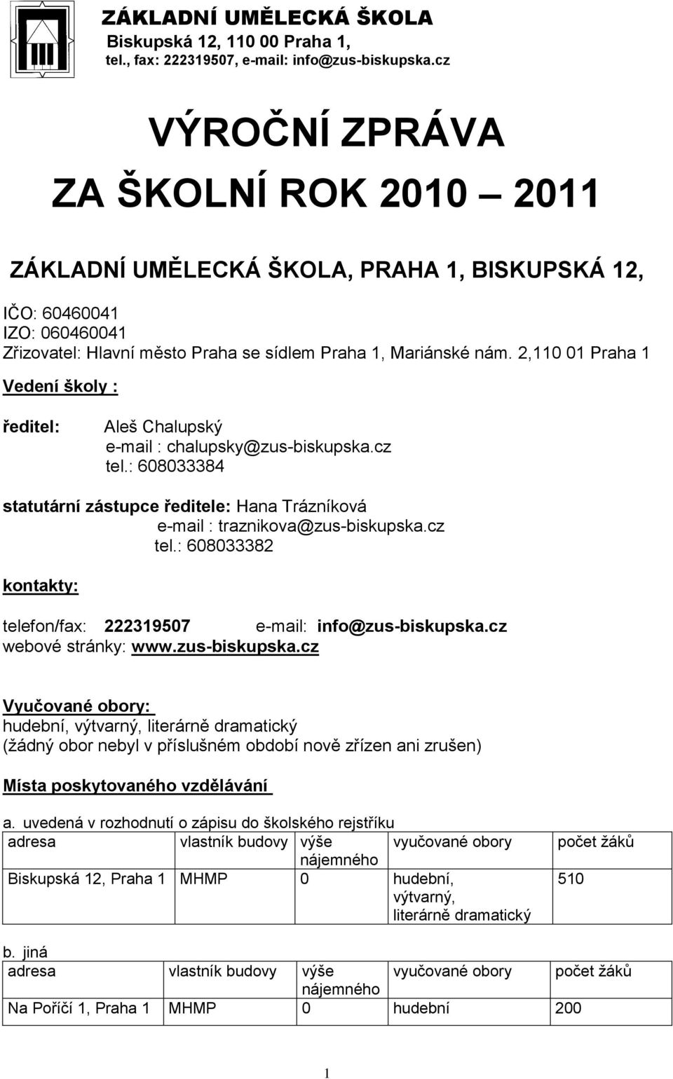 2,0 0 Praha Vedení školy : ředitel: Aleš Chalupský e-mail : chalupsky@zus-biskupska.cz tel.: 608033384 statutární zástupce ředitele: Hana Trázníková e-mail : traznikova@zus-biskupska.cz tel.: 608033382 kontakty: telefon/fax: 2223907 e-mail: info@zus-biskupska.