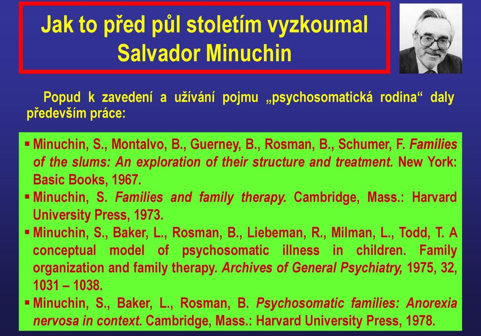: Harvard University Press, 1973. Minuchin, S., Baker, L., Rosman, B., Liebeman, R., Milman, L., Todd, T. A conceptual model of psychosomatic illness in children.