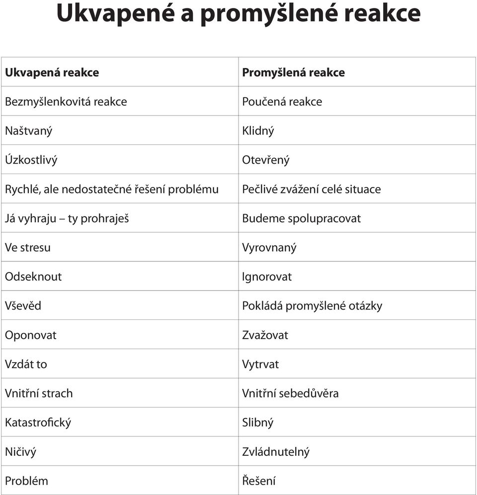 Katastrofický Ničivý Problém Promyšlená reakce Poučená reakce Klidný Otevřený Pečlivé zvážení celé situace