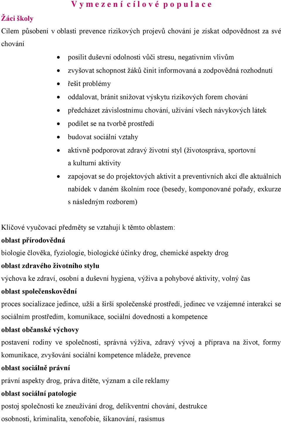 užívání všech návykových látek podílet se na tvorbě prostředí budovat sociální vztahy aktivně podporovat zdravý životní styl (životospráva, sportovní a kulturní aktivity zapojovat se do projektových