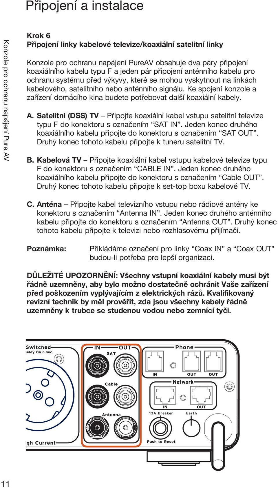 Ke spojení konzole a zařízení domácího kina budete potřebovat další koaxiální kabely. A. Satelitní (DSS) TV Připojte koaxiální kabel vstupu satelitní televize typu F do konektoru s označením SAT IN.