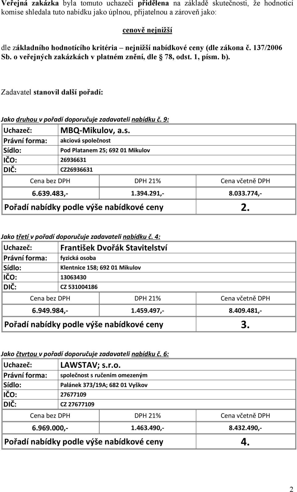 Zadavatel stanovil další pořadí: Jako druhou v pořadí doporučuje zadavateli nabídku č. 9: MBQ-Mikulov, a.s. IČO: 26936631 DIČ: CZ26936631 akciová společnost Pod Platanem 25; 692 01 Mikulov 6.639.