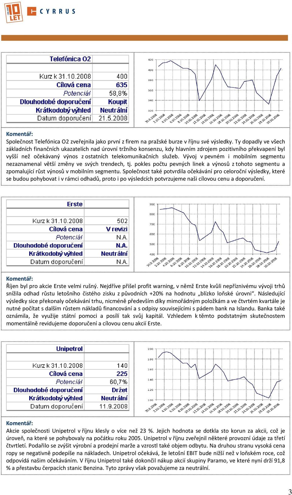 Vývoj v pevném i mobilním segmentu nezaznamenal větší změny ve svých trendech, tj. pokles počtu pevných linek a výnosů z tohoto segmentu a zpomalující růst výnosů v mobilním segmentu.
