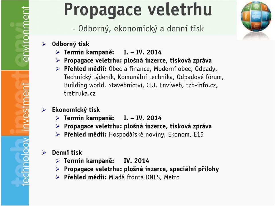 Odpadové fórum, Building world, Stavebnictví, CIJ, Enviweb, tzb-info.cz, tretiruka.cz Ekonomický tisk Termín kampaně: I. IV.