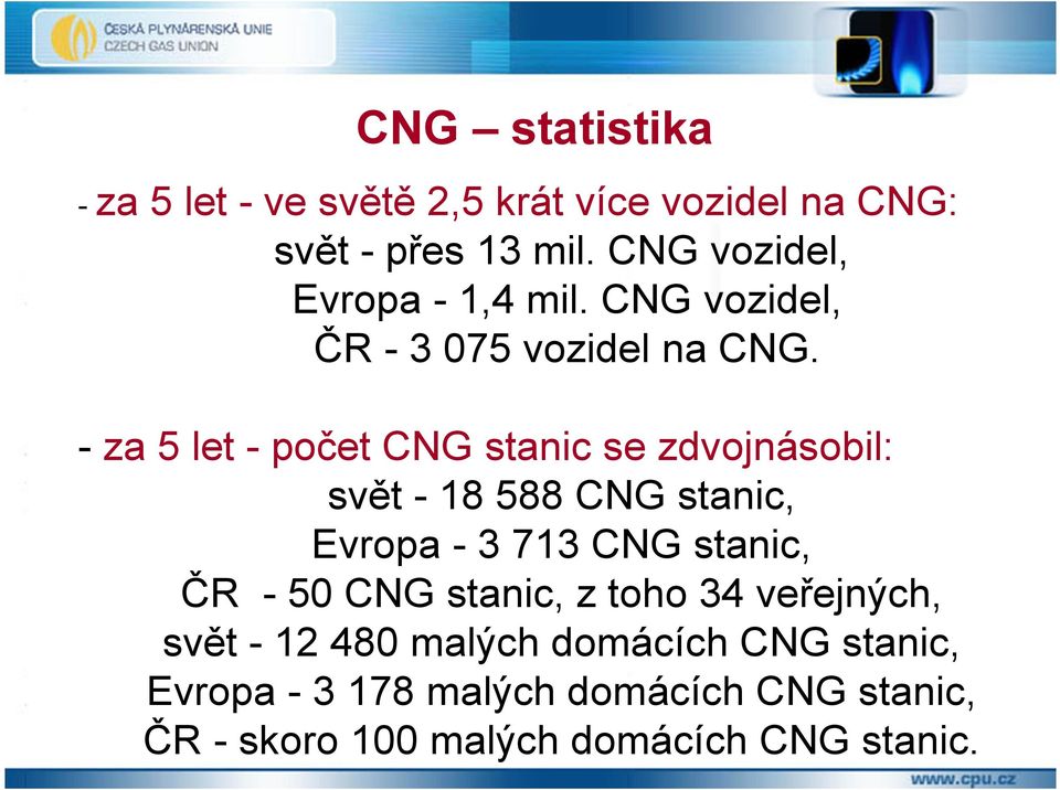 - za 5 let - počet CNG stanic se zdvojnásobil: svět - 18 588 CNG stanic, Evropa - 3 713 CNG stanic, ČR -