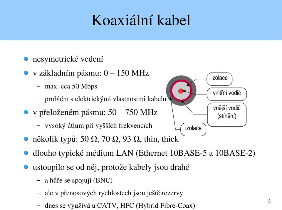 několik typů: 50 Ω, 70 Ω, 93 Ω, thin, thick dlouho typické médium LAN (Ethernet 10BASE 5 a 10BASE 2) ustoupilo se od něj,