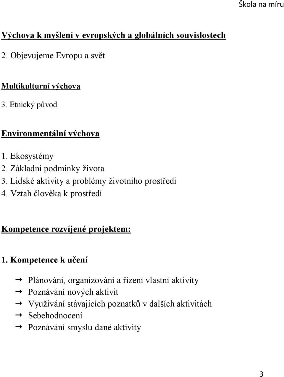 Lidské aktivity a problémy životního prostředí 4. Vztah člověka k prostředí Kompetence rozvíjené projektem: 1.