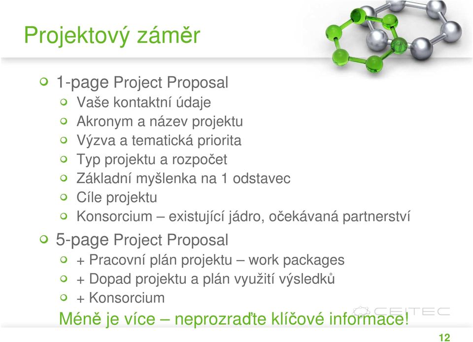 existující jádro, očekávaná partnerství 5-page Project Proposal + Pracovní plán projektu work
