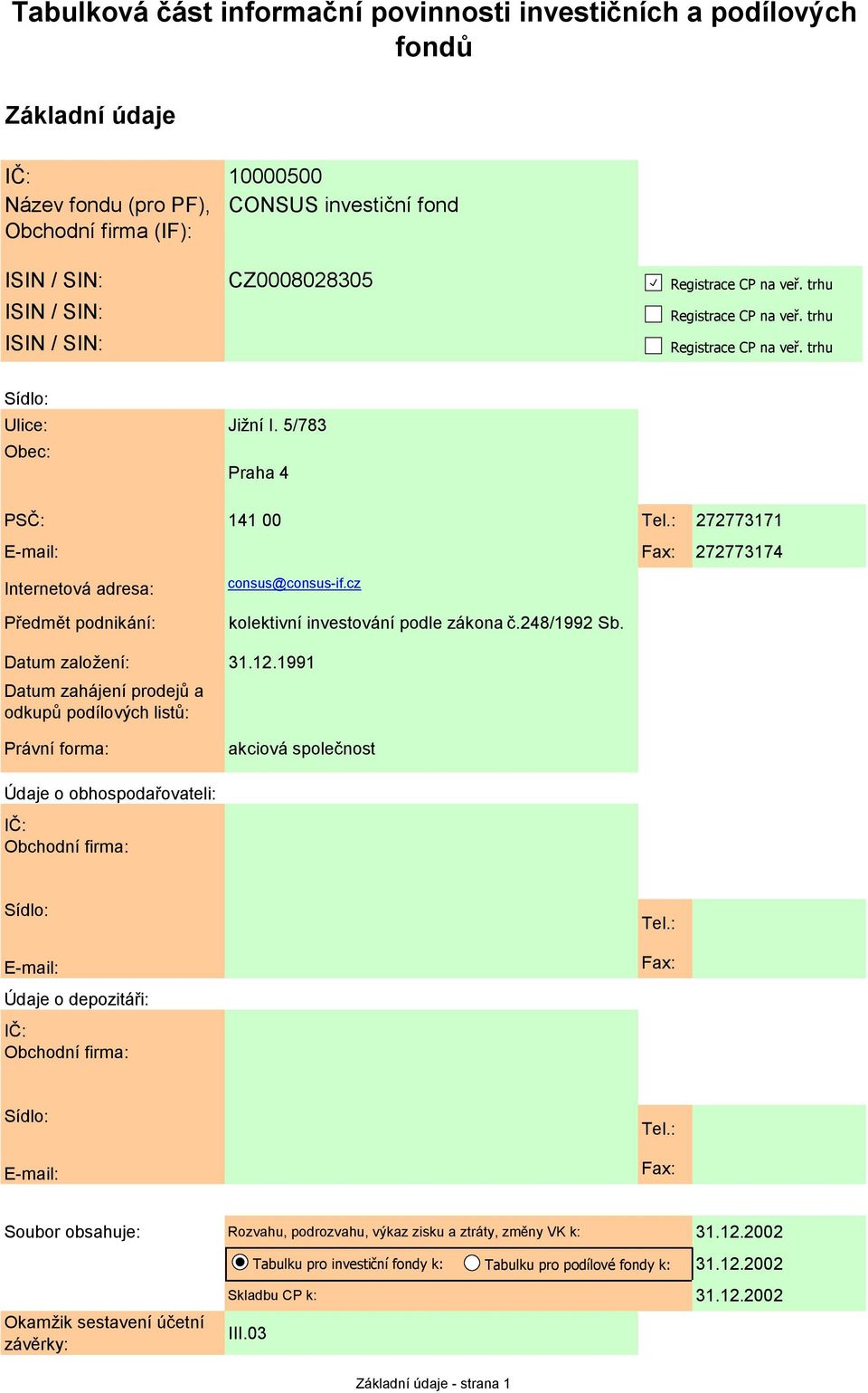 : 272773171 E-mail: Fax: 272773174 Internetová adresa: Předmět podnikání: consus@consus-if.cz kolektivní investování podle zákona č.248/1992 Sb. Datum založení: 31.12.