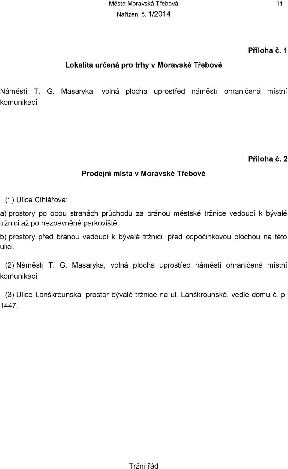2 (1) Ulice Cihlářova: a) prostory po obou stranách průchodu za bránou městské tržnice vedoucí k bývalé tržnici až po nezpevněné parkoviště, b) prostory