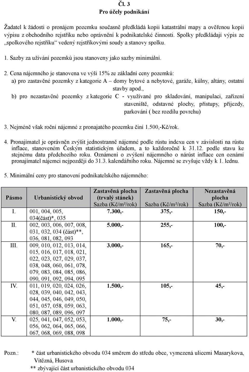 Cena nájemného je stanovena ve výši 15% ze základní ceny pozemků: a) pro zastavěné pozemky z kategorie A domy bytové a nebytové, garáže, kůlny, altány, ostatní stavby apod.