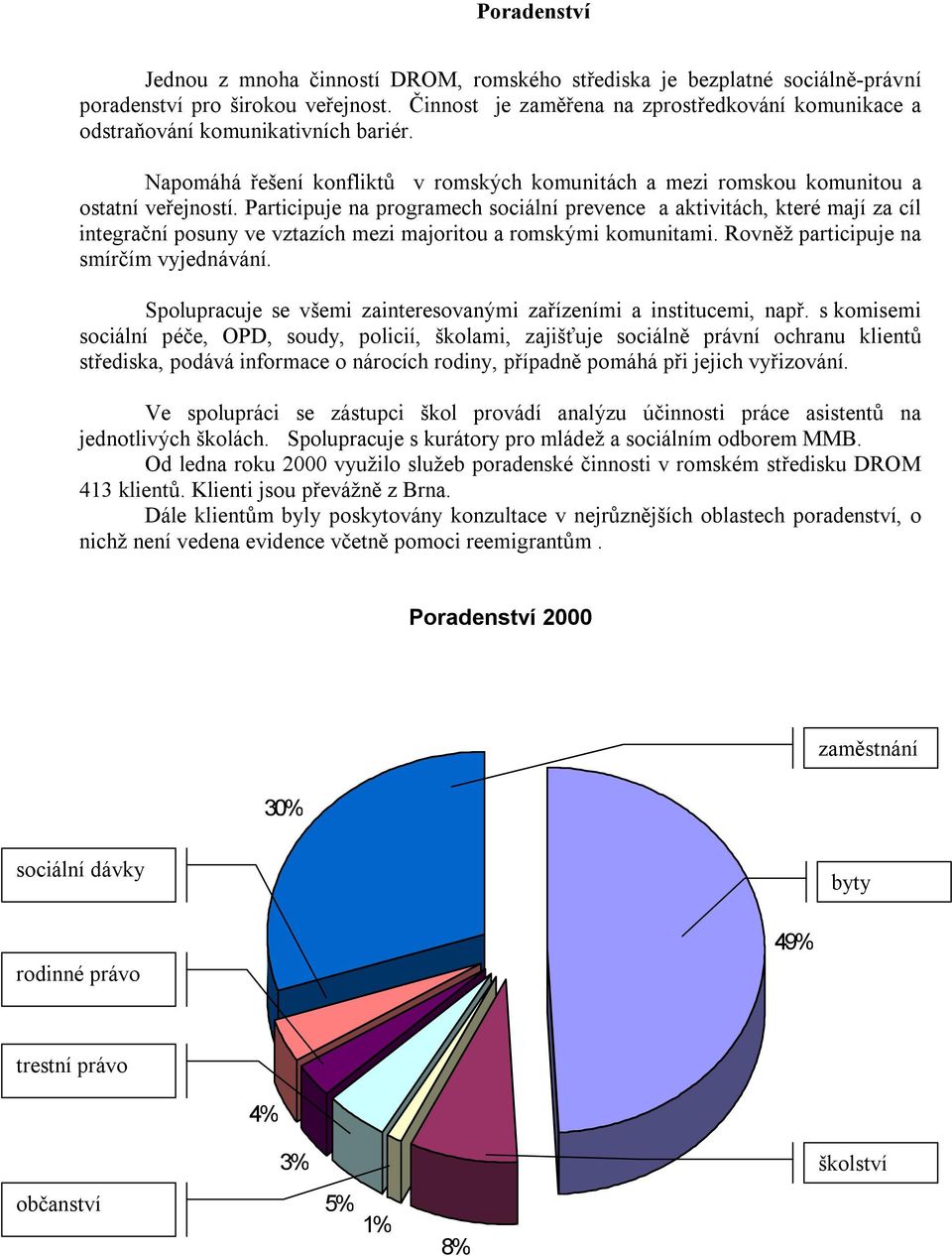 Participuje na programech sociální prevence a aktivitách, které mají za cíl integrační posuny ve vztazích mezi majoritou a romskými komunitami. Rovněž participuje na smírčím vyjednávání.