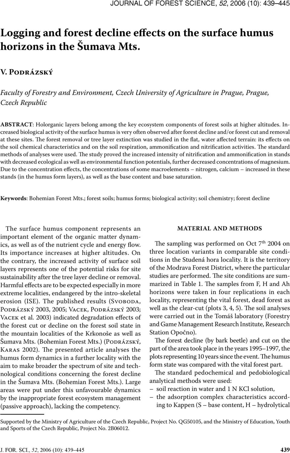at higher altitudes. Increased biological activity of the surface humus is very often observed after forest decline and/or forest cut and removal at these sites.