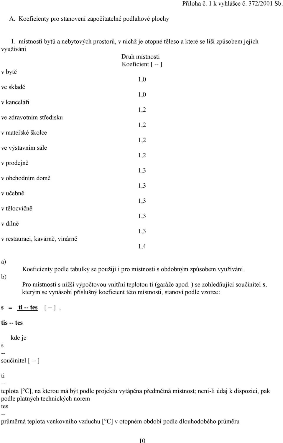 1,2 v mateřské školce 1,2 ve výstavním sále 1,2 v prodejně 1,3 v obchodním domě 1,3 v učebně 1,3 v tělocvičně 1,3 v dílně 1,3 v restauraci, kavárně, vinárně 1,4 a) b) Koeficienty podle tabulky se