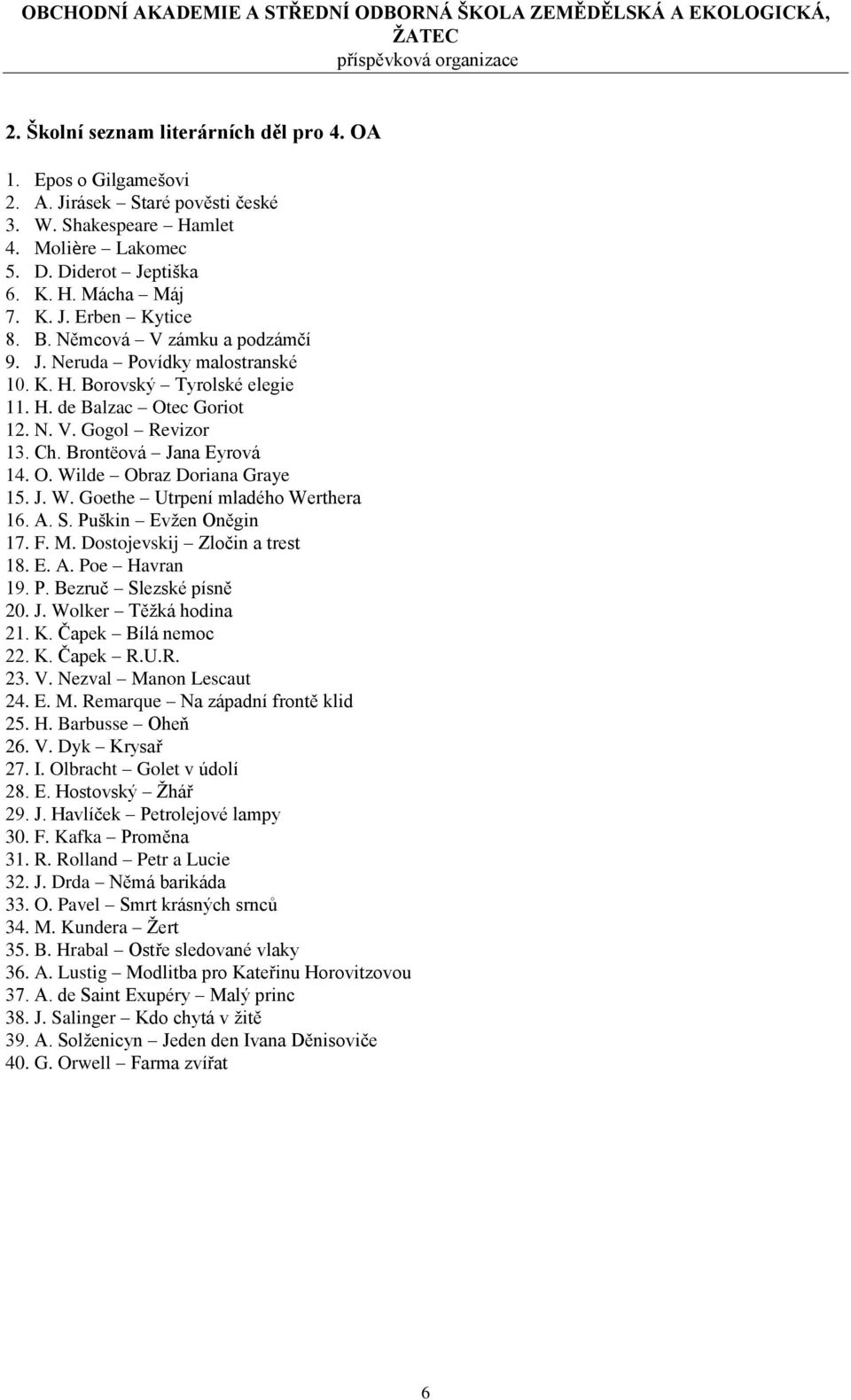 J. W. Goethe Utrpení mladého Werthera 16. A. S. Puškin Evžen Oněgin 17. F. M. Dostojevskij Zločin a trest 18. E. A. Poe Havran 19. P. Bezruč Slezské písně 20. J. Wolker Těžká hodina 21. K.