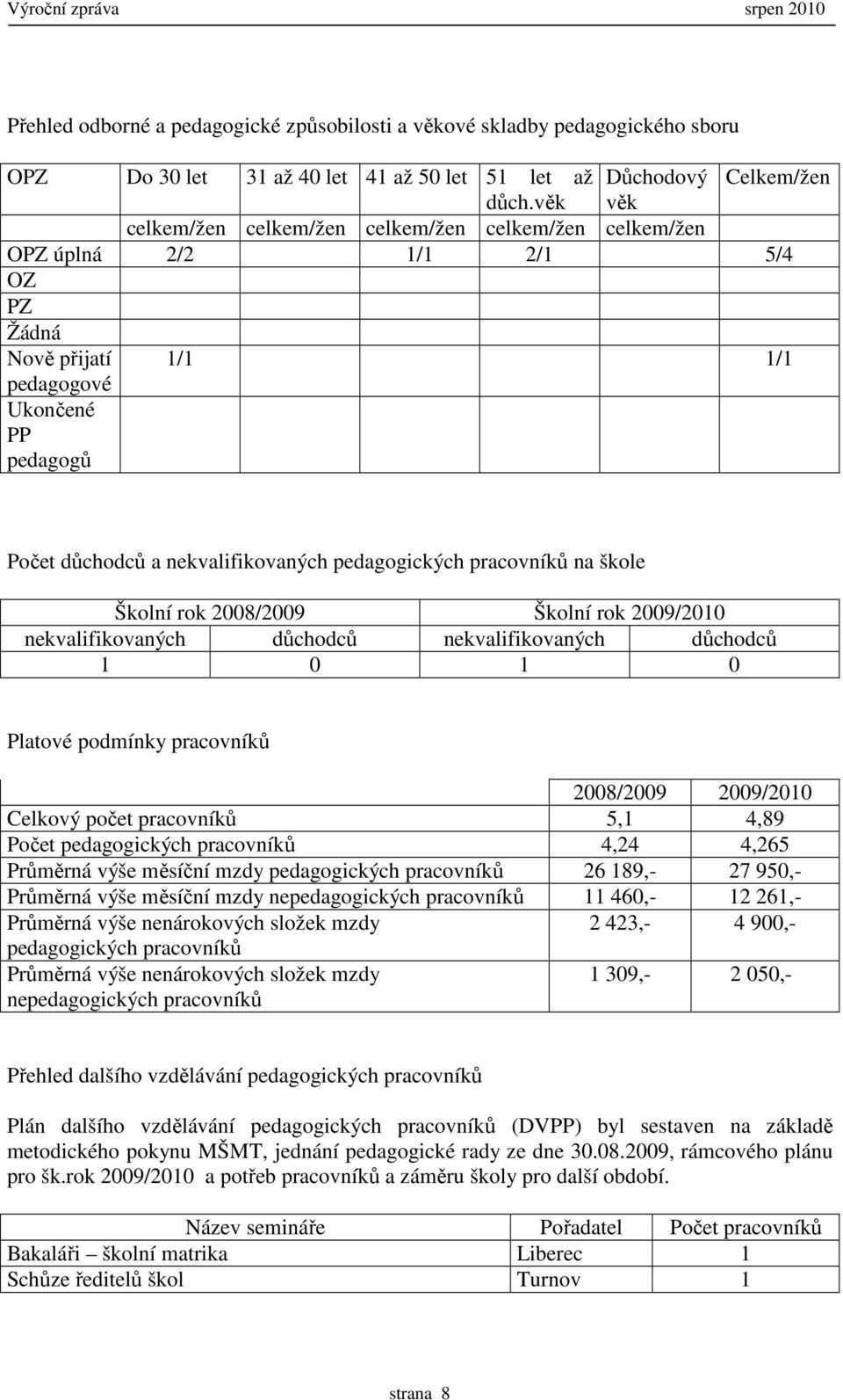 pedagogických pracovníků na škole Školní rok 2008/2009 Školní rok 2009/2010 nekvalifikovaných důchodců nekvalifikovaných důchodců 1 0 1 0 Platové podmínky pracovníků 2008/2009 2009/2010 Celkový počet