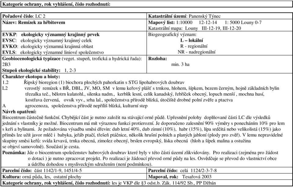 2 Řipský bioregion (1) biochora plochých pahorkatin s STG lipohabrových doubrav L2 vzrostlý remízek s BŘ, DBL, JV, MO, SM v lemu keřový plášť s trnkou, hlohem, šípkem, bezem černým, hojně základních