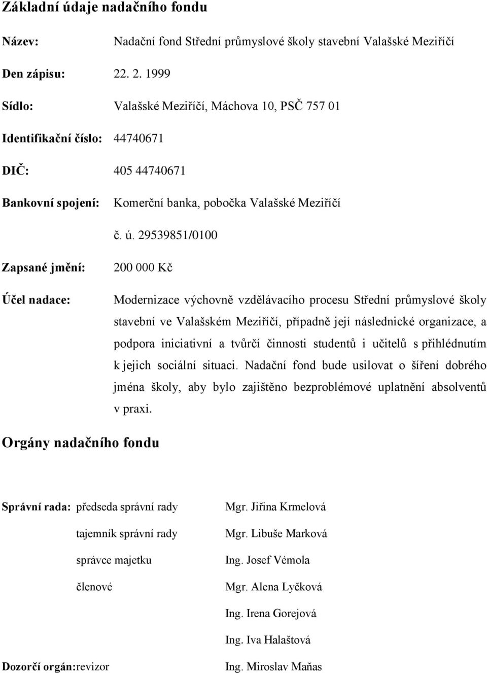 29539851/0100 Zapsané jmění: Účel nadace: 200 000 Kč Modernizace výchovně vzdělávacího procesu Střední průmyslové školy stavební ve Valašském Meziříčí, případně její následnické organizace, a podpora