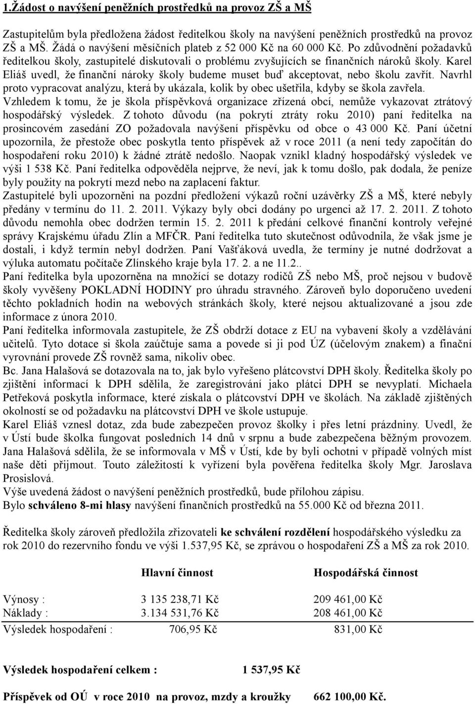 Karel Eliáš uvedl, že finanční nároky školy budeme muset buď akceptovat, nebo školu zavřít. Navrhl proto vypracovat analýzu, která by ukázala, kolik by obec ušetřila, kdyby se škola zavřela.