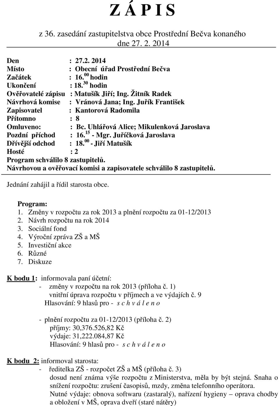 Uhlářová Alice; Mikulenková Jaroslava Pozdní příchod : 16. 15 - Mgr. Juříčková Jaroslava Dřívější odchod : 18. 00 - Jiří Matušík Hosté : 2 Program schválilo 8 zastupitelů.