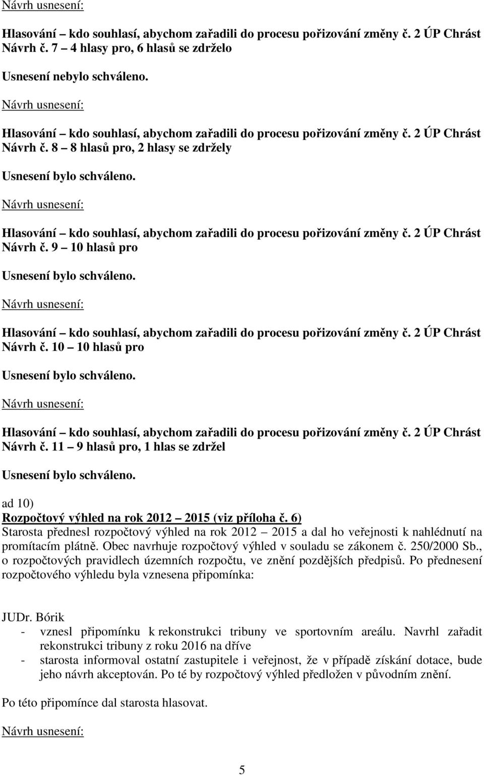 6) Starosta přednesl rozpočtový výhled na rok 2012 2015 a dal ho veřejnosti k nahlédnutí na promítacím plátně. Obec navrhuje rozpočtový výhled v souladu se zákonem č. 250/2000 Sb.