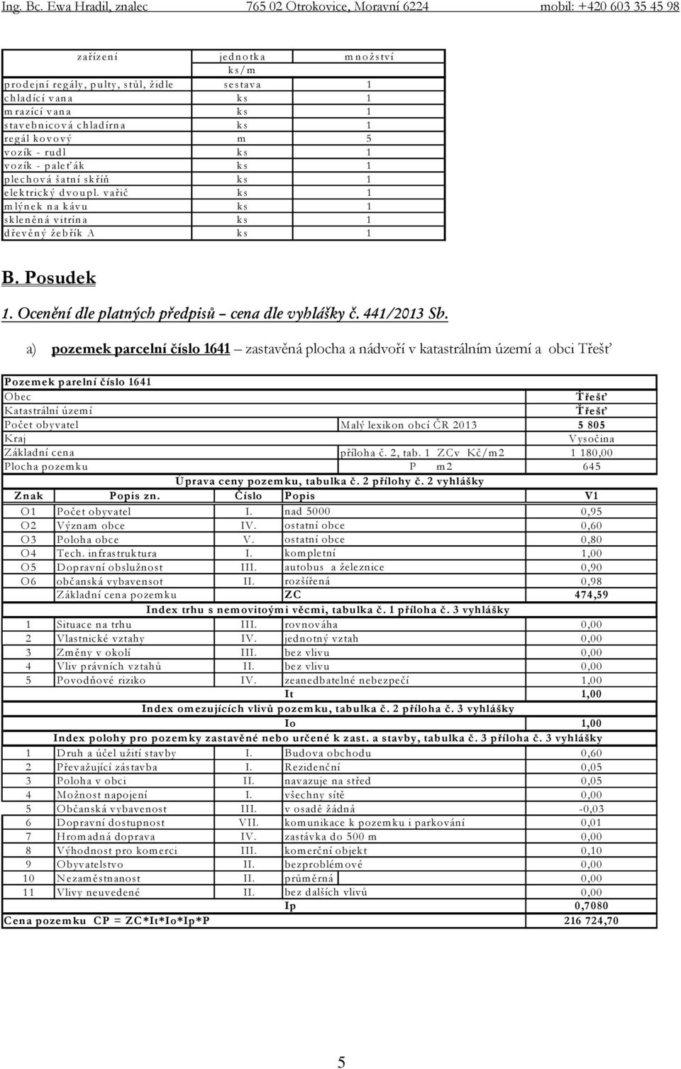 v ařič k s 1 m lýn ek n a k áv u k s 1 sk len ěn á v itrín a k s 1 d řevěn ý žeb řík A k s 1 B. Posudek 1. Ocenění dle platných předpisů cena dle vyhlášky č. 441/2013 Sb.