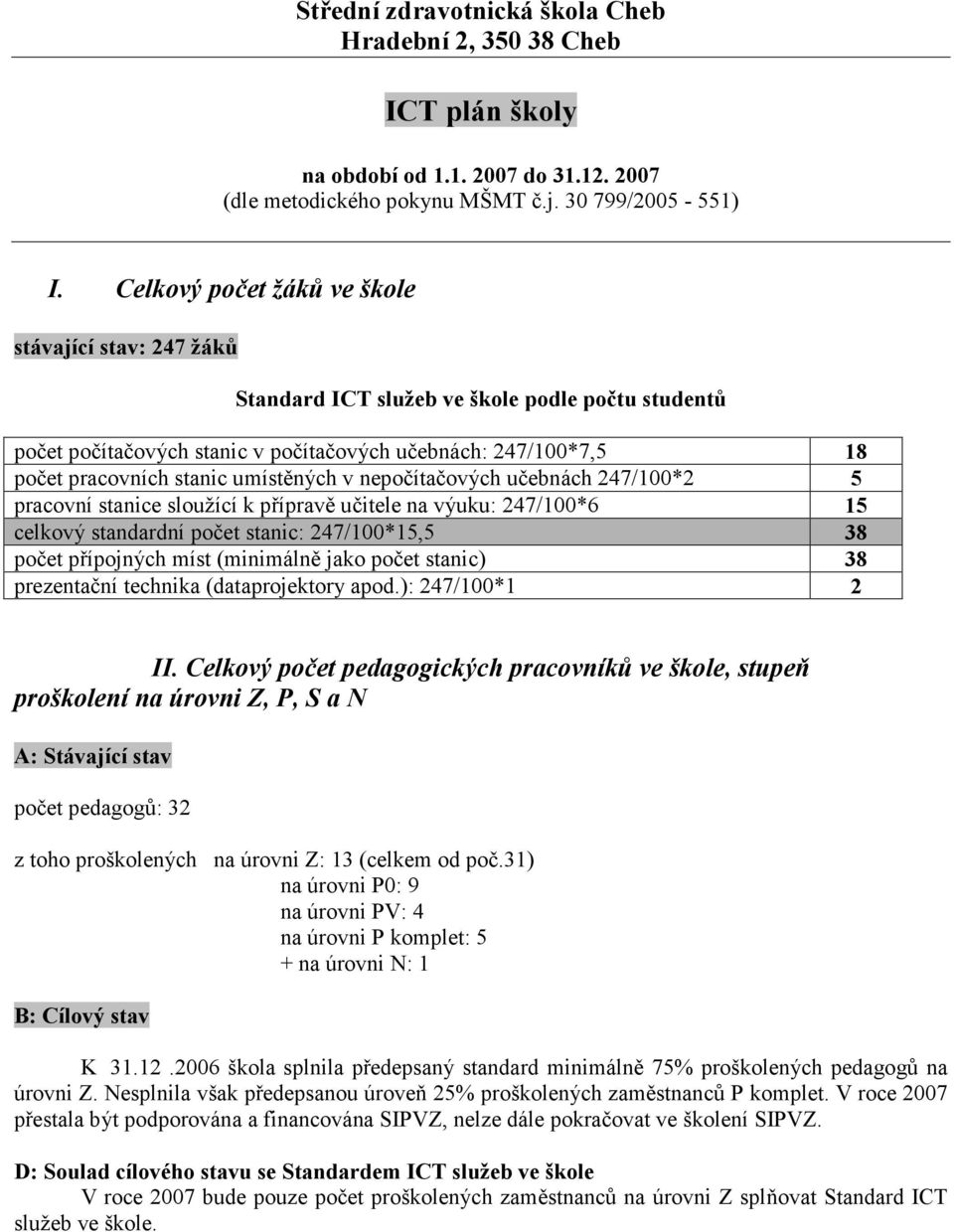 umístěných v nepočítačových učebnách 247/100*2 5 pracovní stanice sloužící k přípravě učitele na výuku: 247/100*6 15 celkový standardní počet stanic: 247/100*15,5 38 počet přípojných míst (minimálně