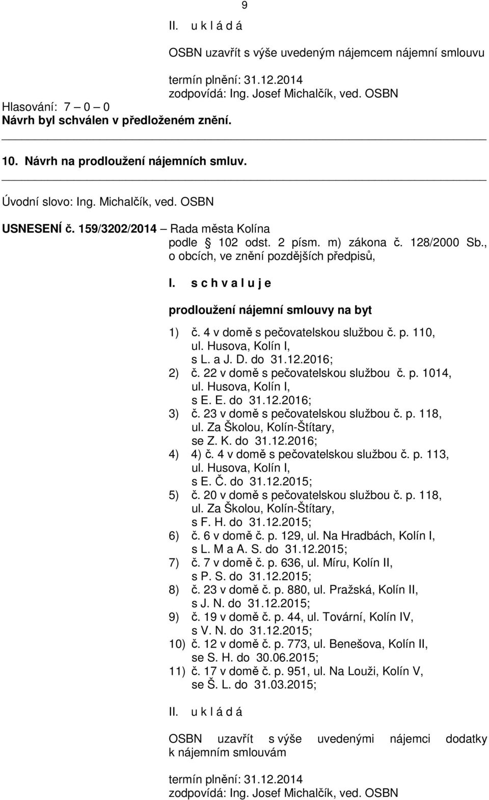 22 v domě s pečovatelskou službou č. p. 1014, ul. Husova, Kolín I, s E. E. do 31.12.2016; 3) č. 23 v domě s pečovatelskou službou č. p. 118, ul. Za Školou, Kolín-Štítary, se Z. K. do 31.12.2016; 4) 4) č.