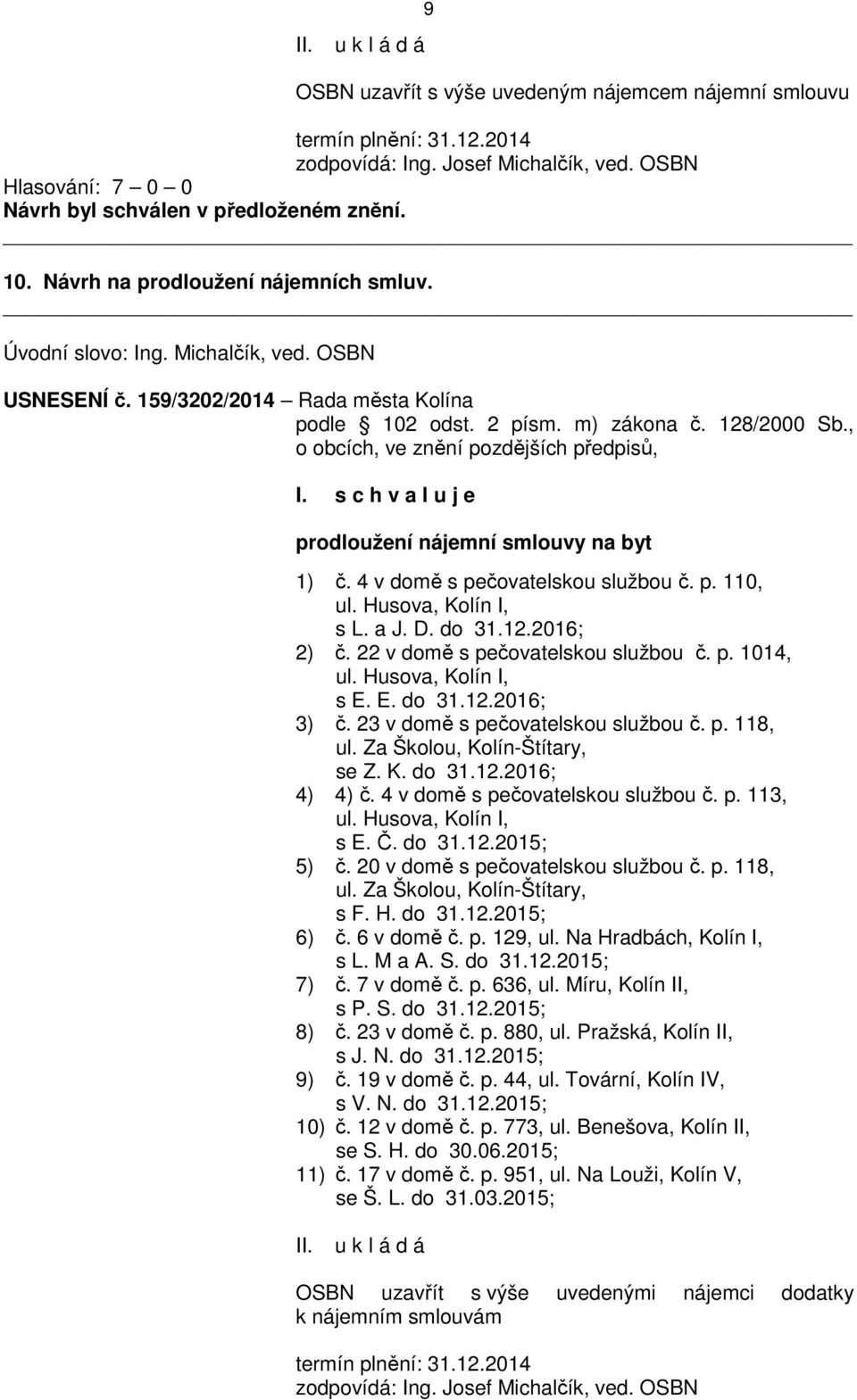 22 v domě s pečovatelskou službou č. p. 1014, ul. Husova, Kolín I, s E. E. do 31.12.2016; 3) č. 23 v domě s pečovatelskou službou č. p. 118, ul. Za Školou, Kolín-Štítary, se Z. K. do 31.12.2016; 4) 4) č.