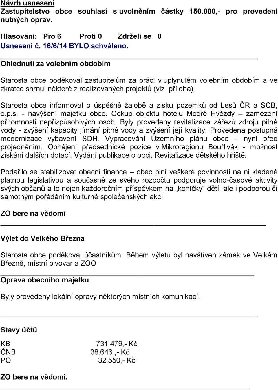 Starosta obce informoval o úspěšné žalobě a zisku pozemků od Lesů ČR a SCB, o.p.s. - navýšení majetku obce. Odkup objektu hotelu Modré Hvězdy zamezení přítomnosti nepřizpůsobivých osob.