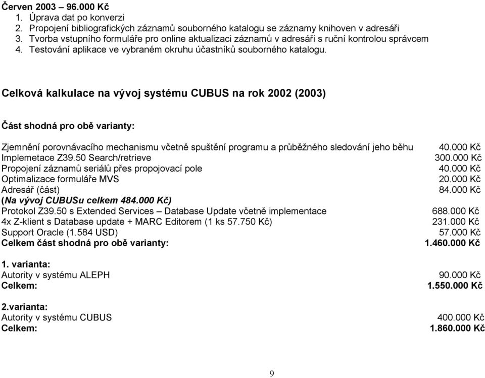 Celková kalkulace na vývoj systému CUBUS na rok 2002 (2003) Část shodná pro obě varianty: Zjemnění porovnávacího mechanismu včetně spuštění programu a průběžného sledování jeho běhu 40.