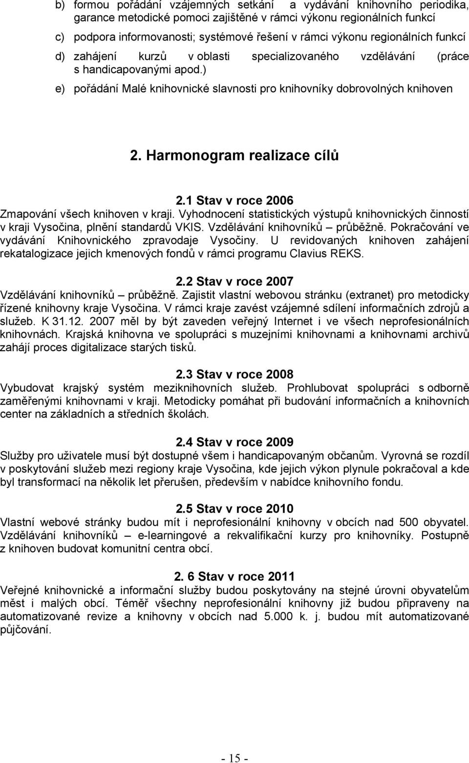 Harmonogram realizace cílů 2.1 Stav v roce 2006 Zmapování všech knihoven v kraji. Vyhodnocení statistických výstupů knihovnických činností v kraji Vysočina, plnění standardů VKIS.