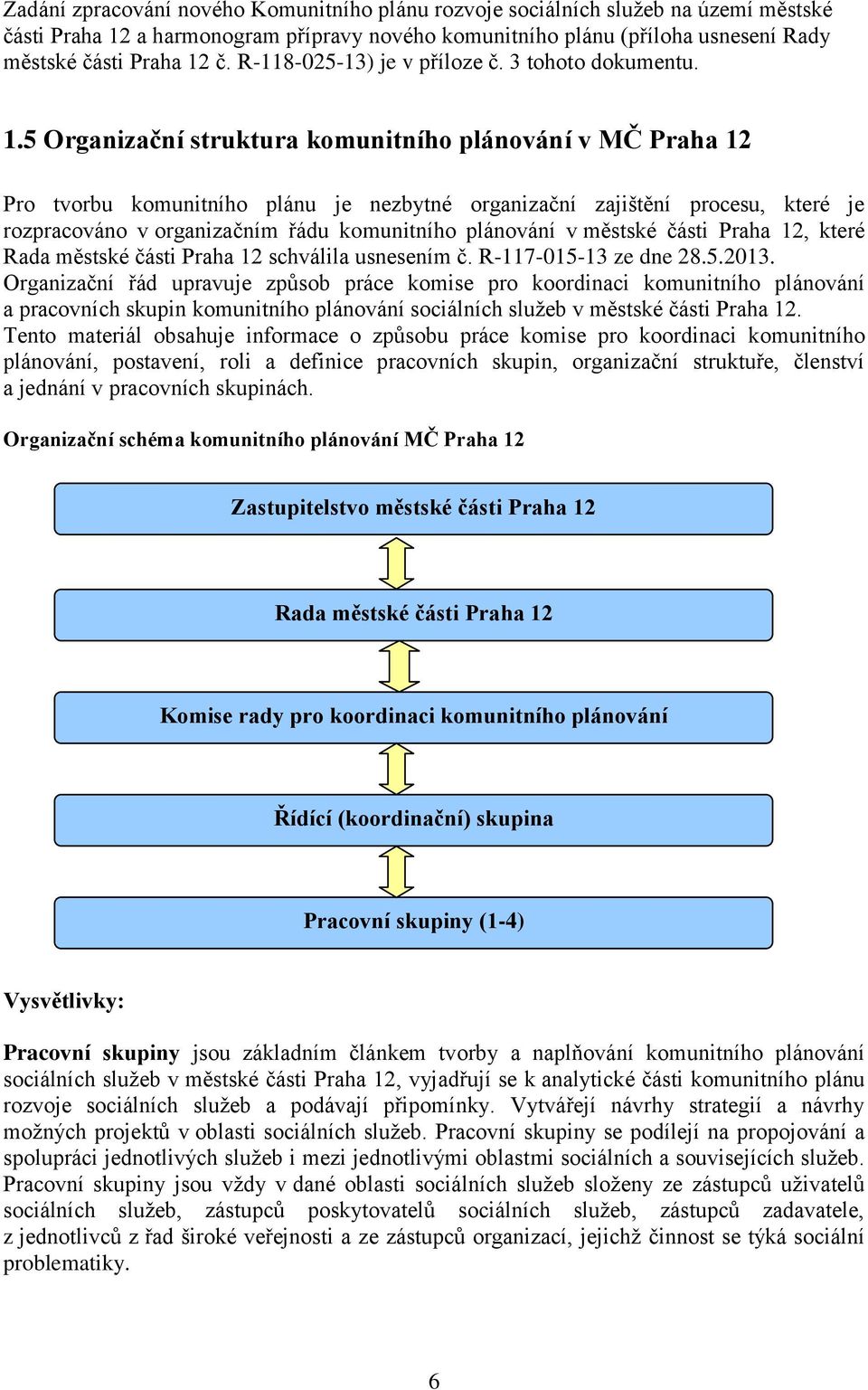 5 Organizační struktura komunitního plánování v MČ Praha 12 Pro tvorbu komunitního plánu je nezbytné organizační zajištění procesu, které je rozpracováno v organizačním řádu komunitního plánování v