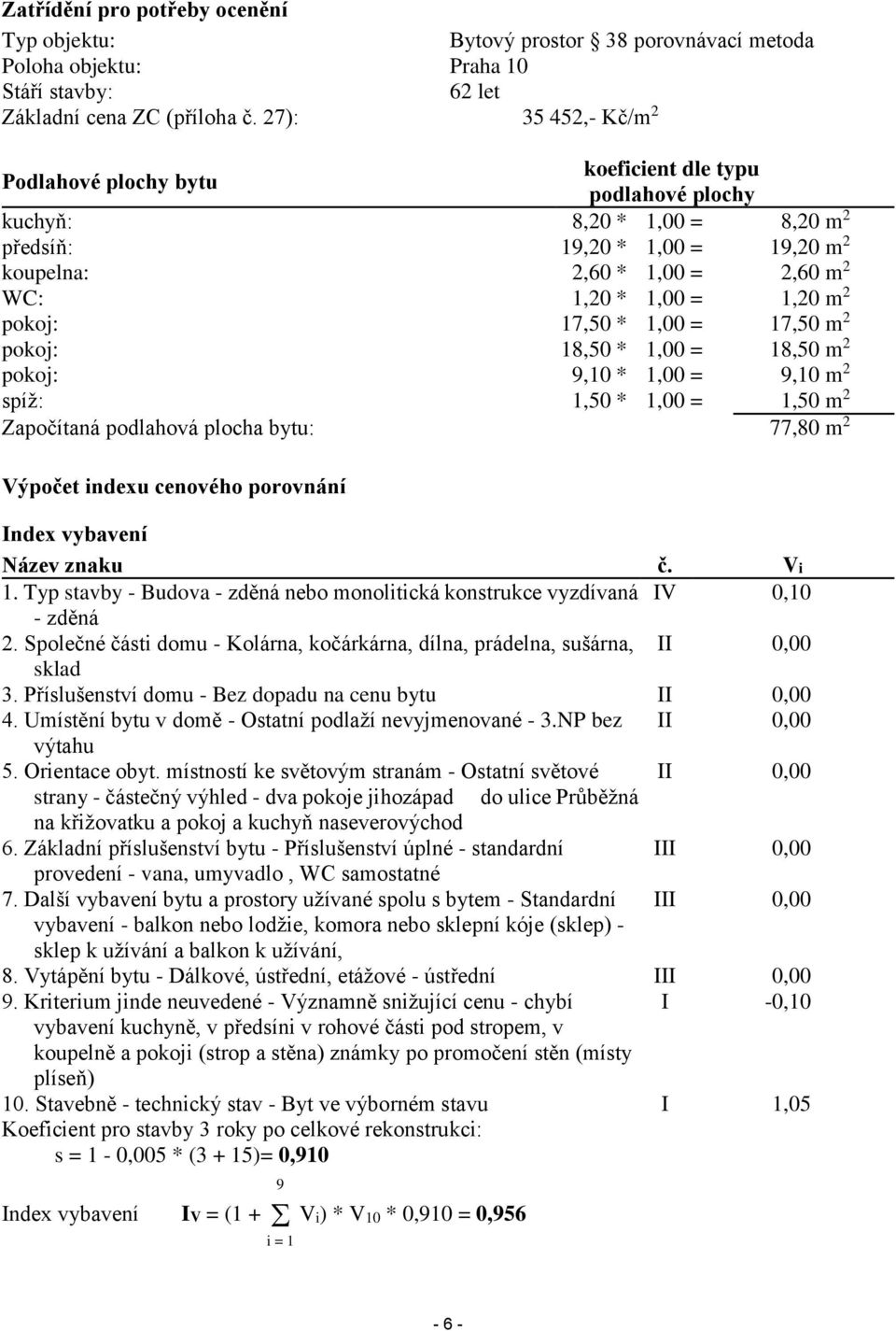 1,20 m 2 pokoj: 17,50 * 1,00 = 17,50 m 2 pokoj: 18,50 * 1,00 = 18,50 m 2 pokoj: 9,10 * 1,00 = 9,10 m 2 spíž: 1,50 * 1,00 = 1,50 m 2 Započítaná podlahová plocha bytu: 77,80 m 2 Výpočet indexu cenového