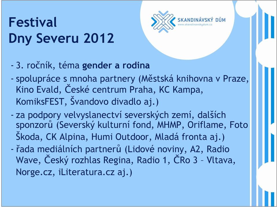 KC Kampa, KomiksFEST, Švandovo divadlo aj.