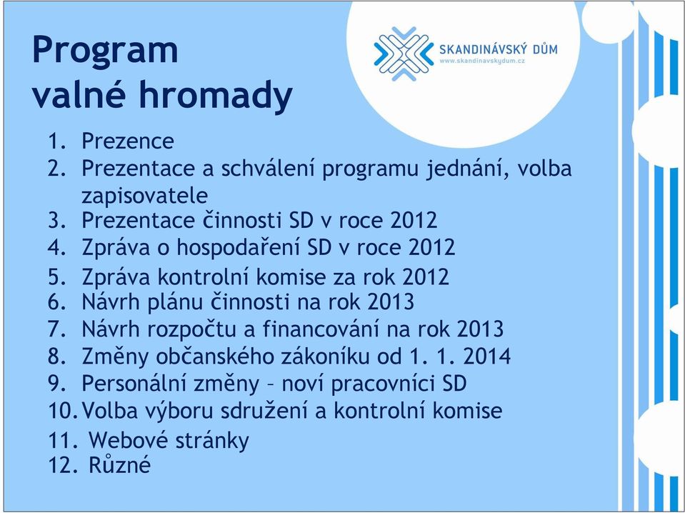 Zpráva kontrolní komise za rok 2012 6. Návrh plánu činnosti na rok 2013 7.