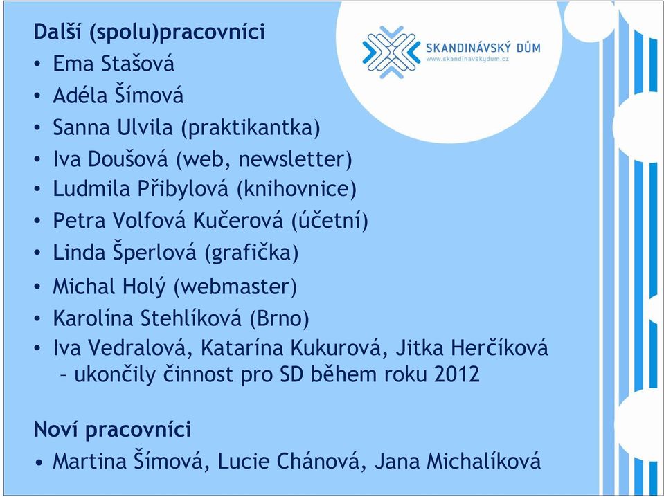 (grafička) Michal Holý (webmaster) Karolína Stehlíková (Brno) Iva Vedralová, Katarína Kukurová,