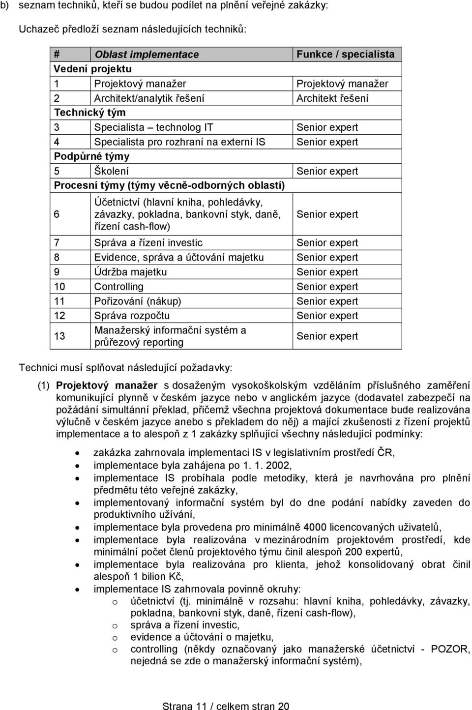 Senior expert Procesní týmy (týmy věcně-odborných oblastí) 6 Účetnictví (hlavní kniha, pohledávky, závazky, pokladna, bankovní styk, daně, řízení cash-flow) Senior expert 7 Správa a řízení investic