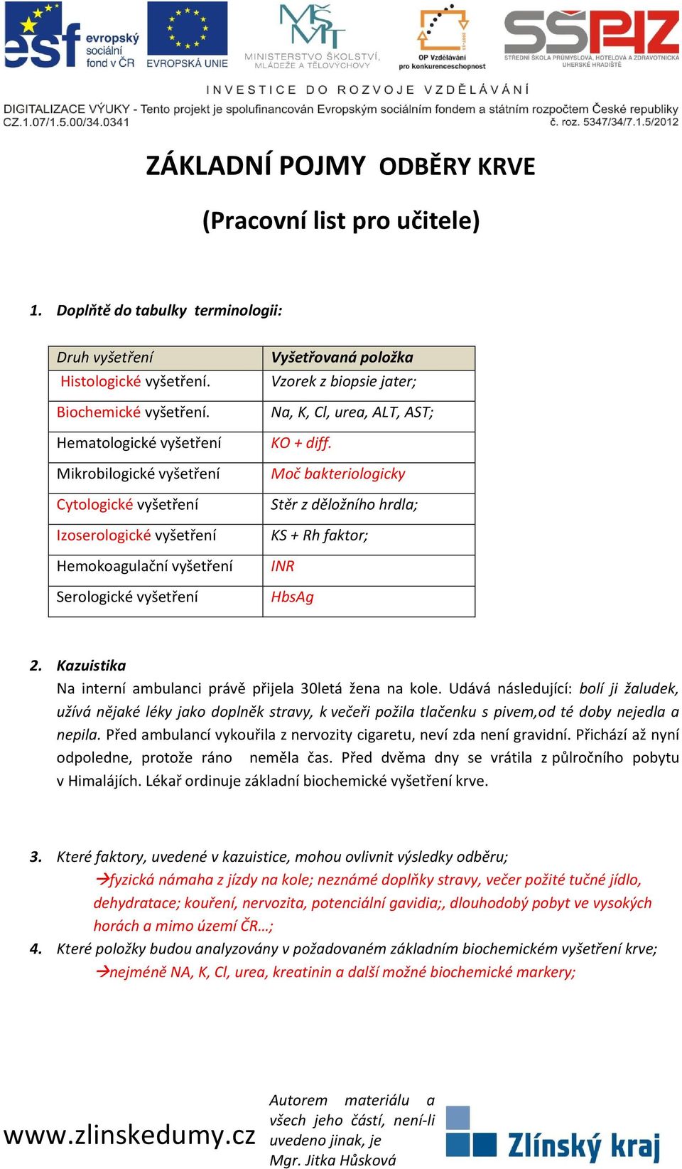 urea, ALT, AST; KO + diff. Moč bakteriologicky Stěr z děložního hrdla; KS + Rh faktor; INR HbsAg 2. Kazuistika Na interní ambulanci právě přijela 30letá žena na kole.