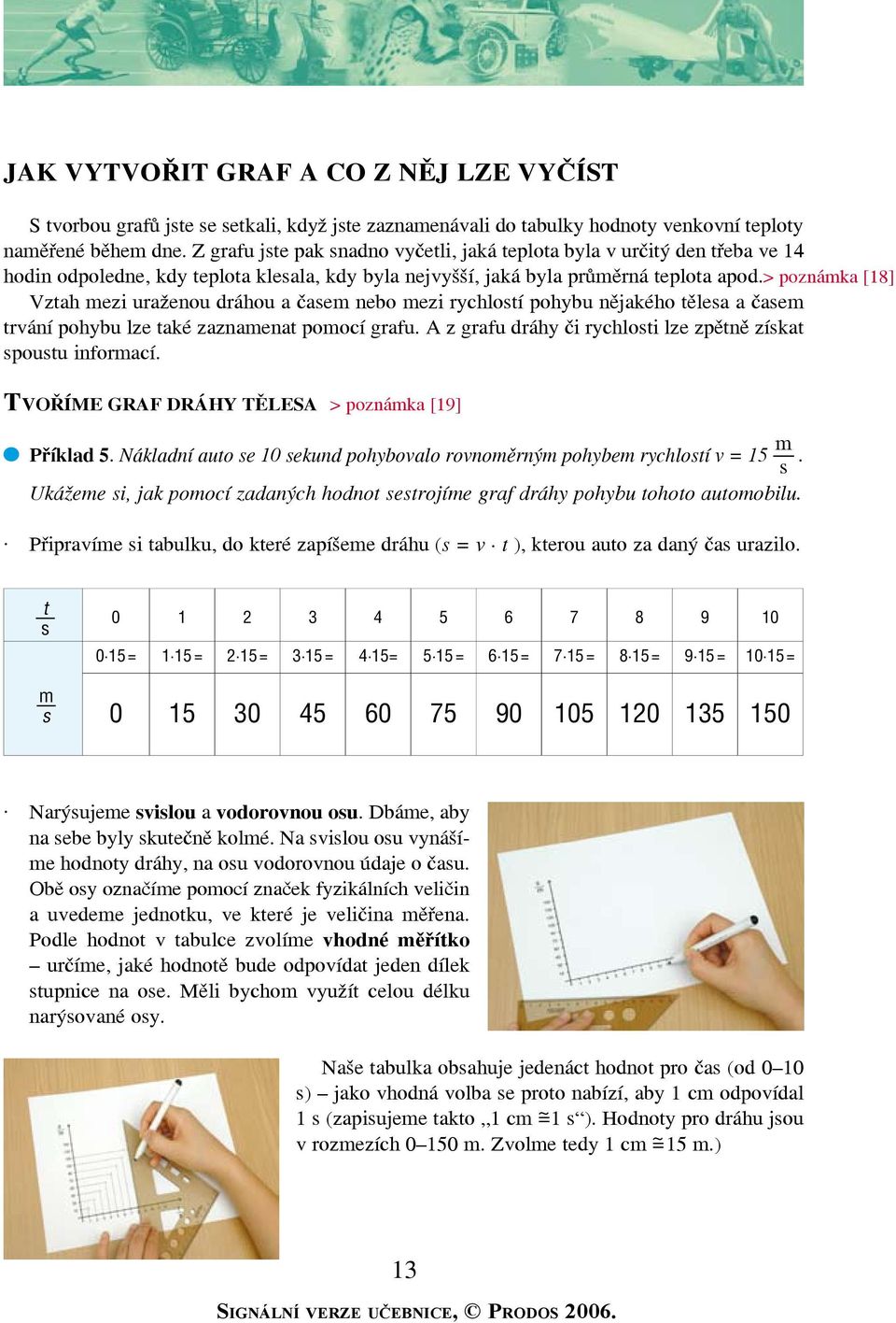 > poznámka [18] Vzta mezi uraženou dráou a časem nebo mezi ryclostí poybu nějakéo tělesa a časem trvání poybu lze také zaznamenat pomocí grafu.