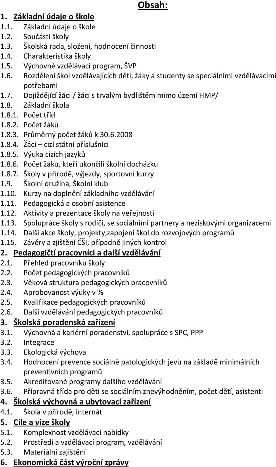 Počet žáků.8.3. Průměrný počet žáků k 30.6.2008.8.4. Žáci cizí státní příslušníci.8.5. Výuka cizích jazyků.8.6. Počet žáků, kteří ukončili školní docházku.8.7.