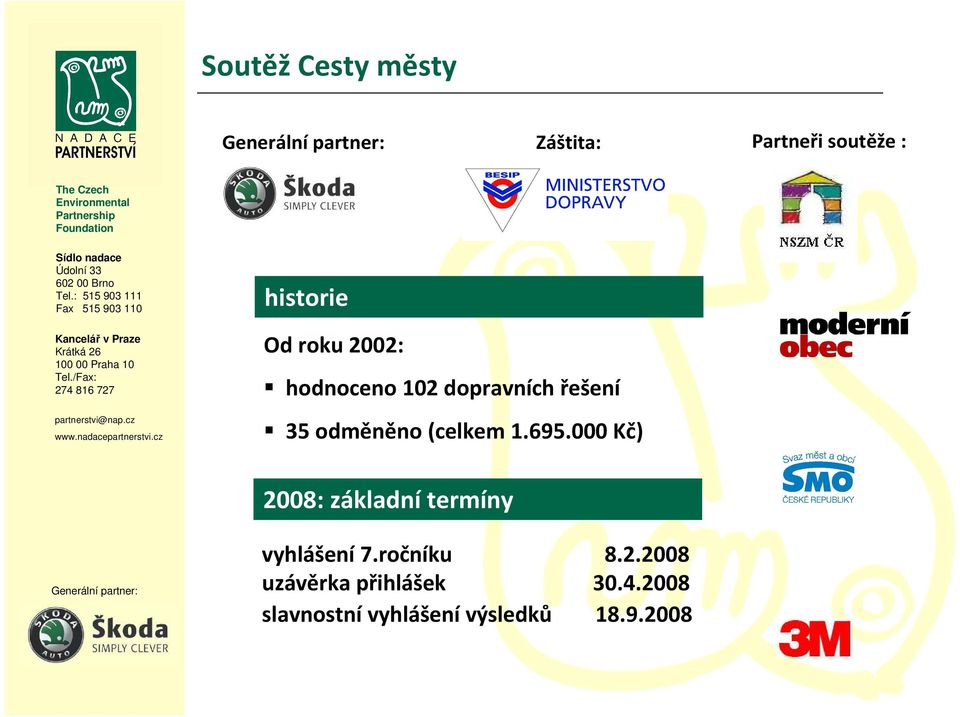 000 Kč) 2008: základní termíny vyhlášení7.ročníku 8.2.2008 uzávěrka přihlášek 30.