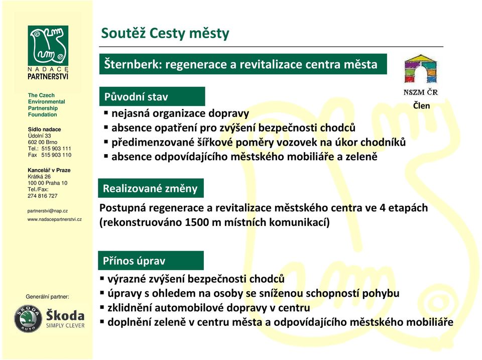 revitalizace městského centra ve 4 etapách (rekonstruováno 1500 m místních komunikací) Člen Přínos úprav výrazné zvýšení bezpečnosti chodců