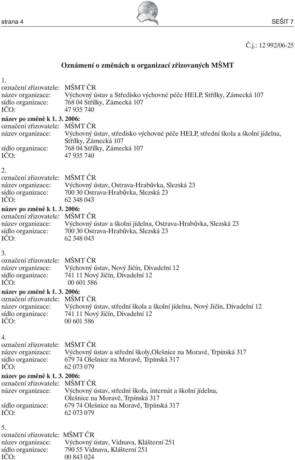 jídelna, Střílky, Zámecká 107 sídlo organizace: 768 04 Střílky, Zámecká 107 IČO: 47 935 740 2.